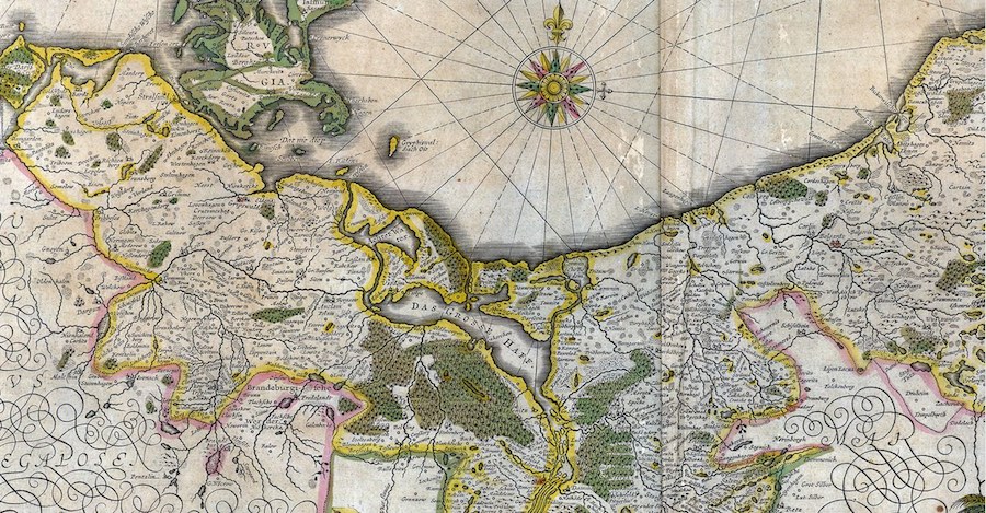 West-Pommern unter dern Wolgaster Greifen - oben links Rügen (grün), rechts die heute polnische Küste.